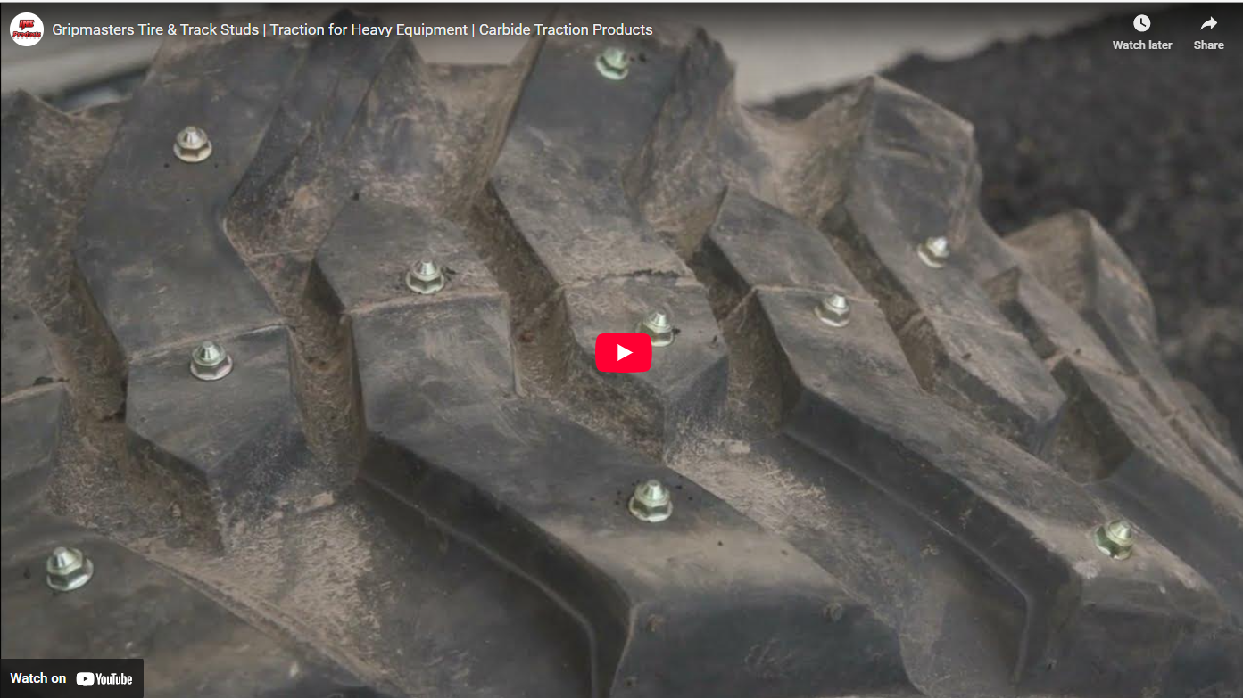 Load video: Gripmasters Tire &amp; Track Studs | Traction for Heavy Equipment | Carbide Traction Products